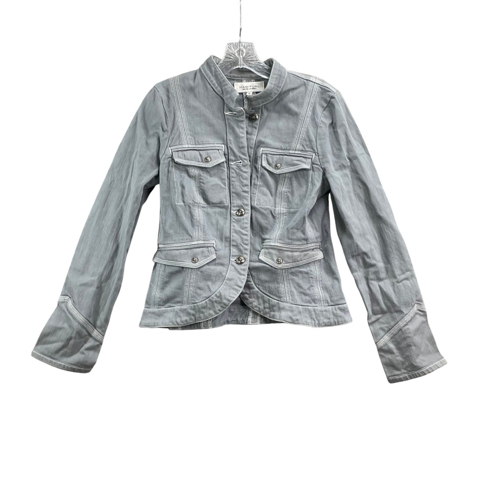Habitual Denim Jacket Women 8 Grey Contrast Stitch Military Utility Y2K Academia